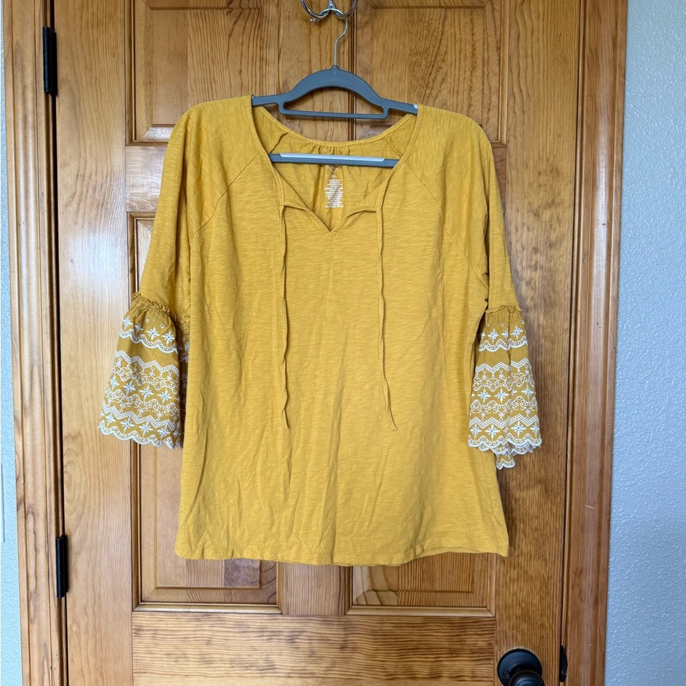 St. John's Bay Mustard Blouse with Embroidered Bell Sleeves size XXL